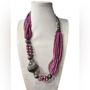 Statement Necklace Multi Strand Pink Heishi Beads Silver Tone Beads 24” Chunky